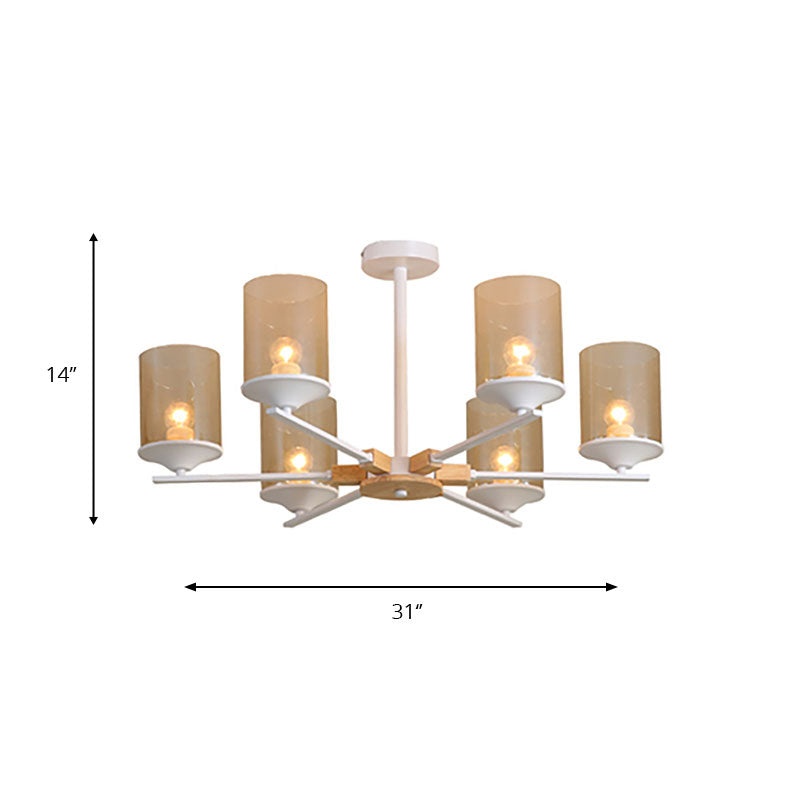 Cognac Zylinder Schatten Kronleuchter Beleuchtung 3/6 Köpfe zeitgenössisches Holz hängen Licht für Wohnzimmer