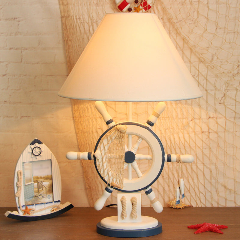 Lifebuoy/Rudder Wooden Table Light Kids 5-Light Blue Nightstand Lamp with Conical Fabric Shade