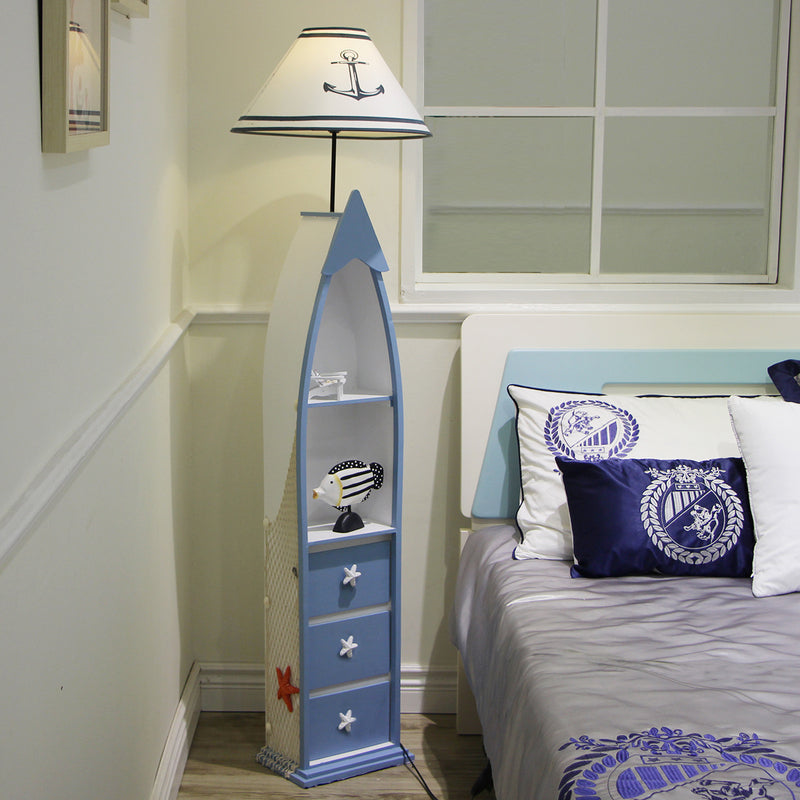 Boat-Shaped Floor Light Kid Wooden Single White Stand Up Lamp with Locker and Cone Shade