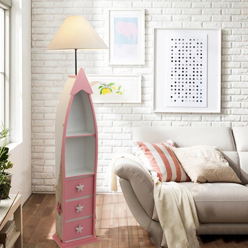 Boat-Shaped Floor Light Kid Wooden Single White Stand Up Lamp with Locker and Cone Shade