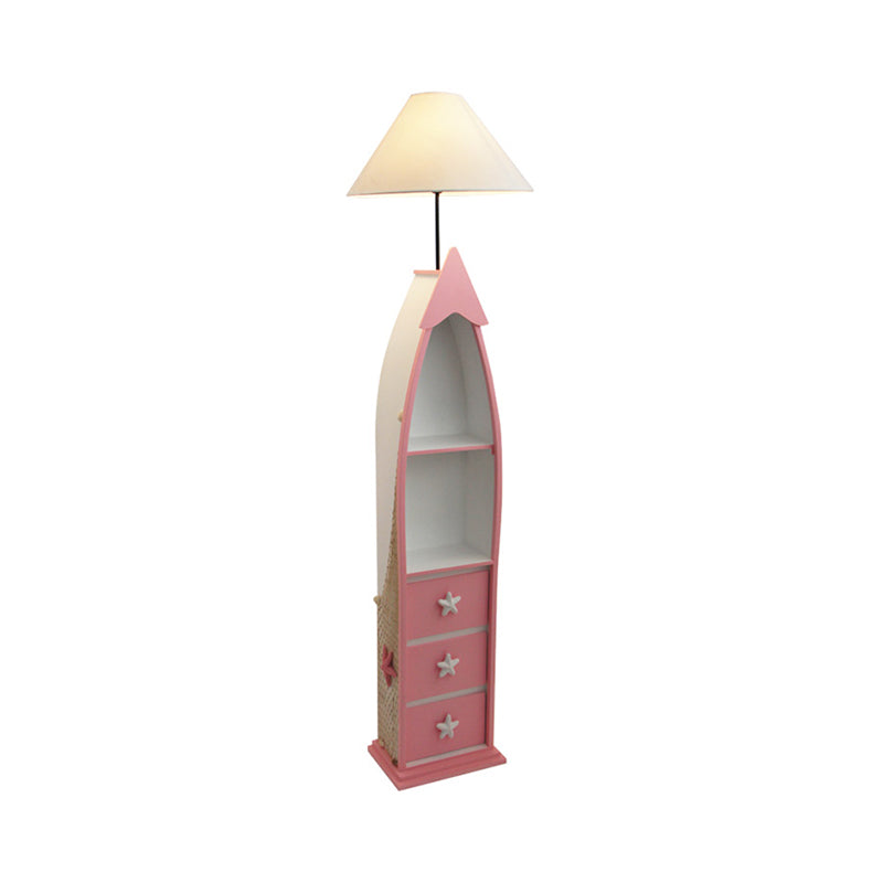 Boat-Shaped Floor Light Kid Wooden Single White Stand Up Lamp with Locker and Cone Shade