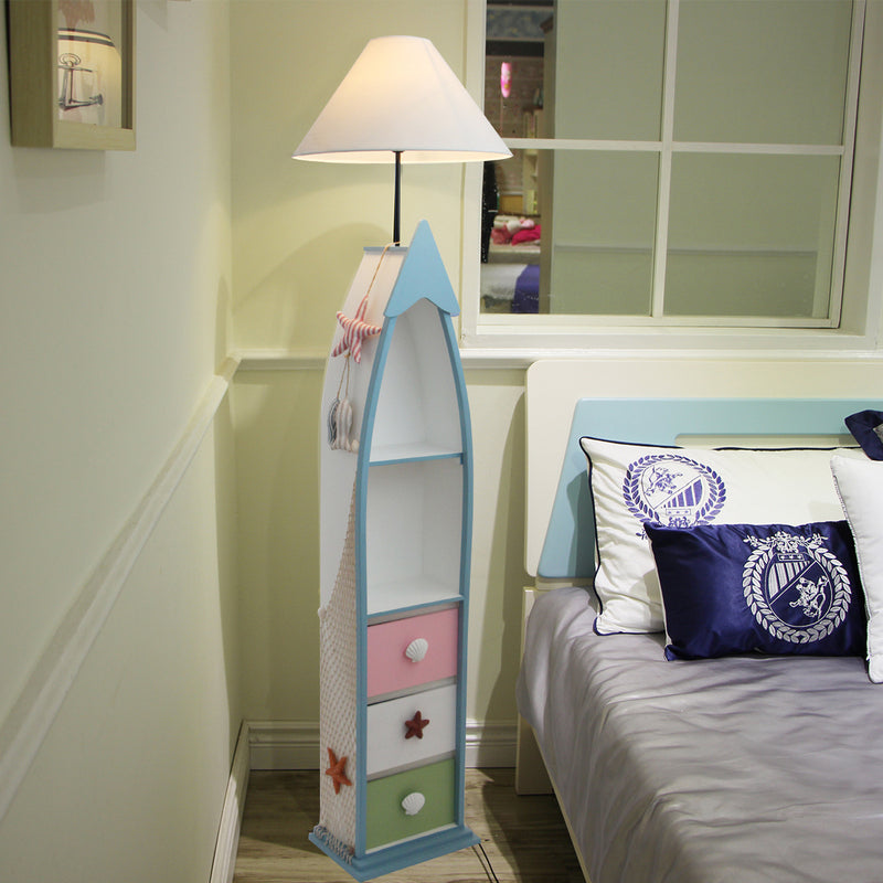 Boat-Shaped Floor Light Kid Wooden Single White Stand Up Lamp with Locker and Cone Shade