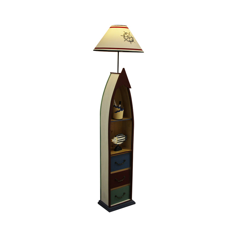 Conical Fabric Floor Lighting Kid 1-Bulb White/Yellow/Wood Ship Standing Lamp with Shelf and Drawer