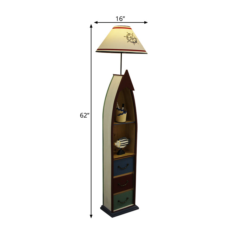 Conical Fabric Floor Lighting Kid 1-Bulb White/Yellow/Wood Ship Standing Lamp with Shelf and Drawer