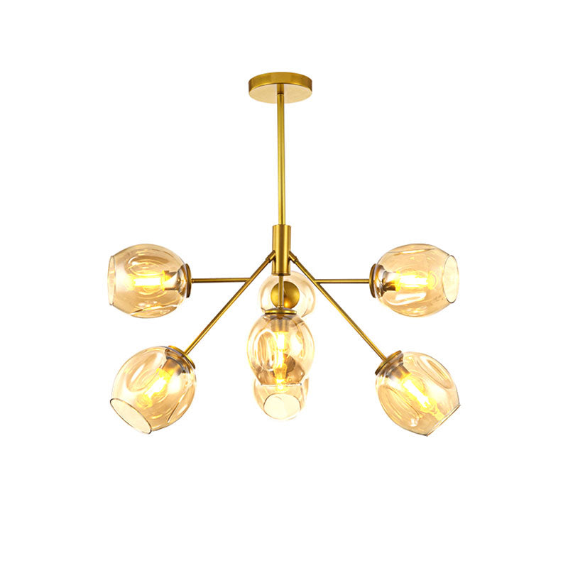 7/9/13 Lights Branch Chandelier Post Modern Amber Glass Shade Hanging Lamp in Gold