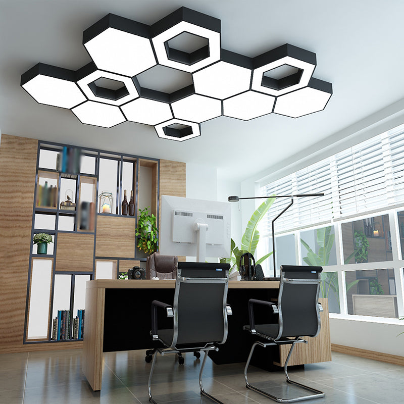 Honeycomb Acrylic Ceiling Lamp Modern 18"/23.5"/47" W LED Black Flush Mounted Light for Office