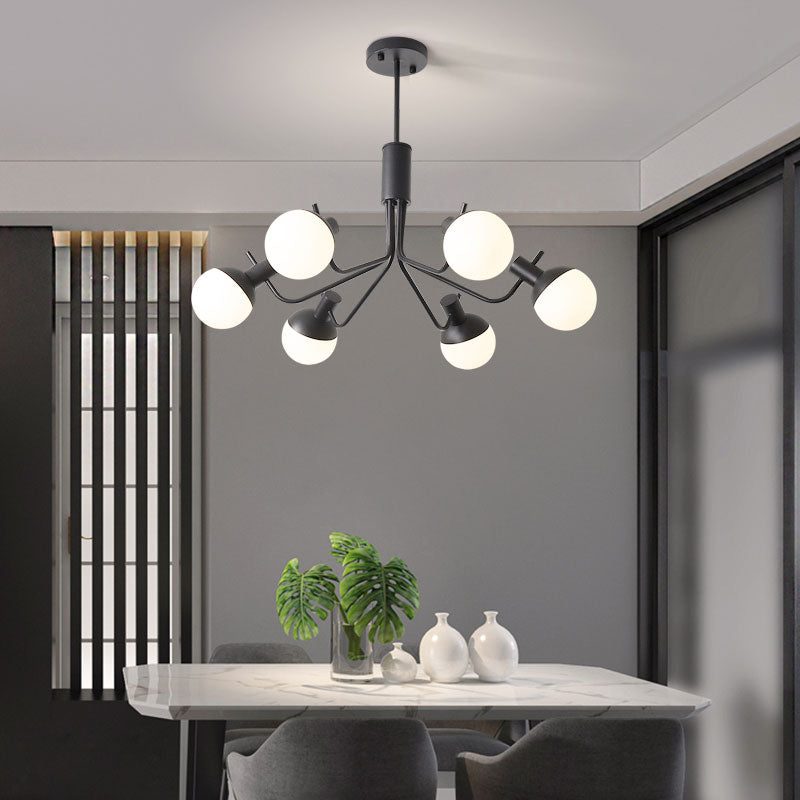 Contemporary Black Hanging Chandelier with Orb Shade 6 Lights Wrought Iron Ceiling Pendant