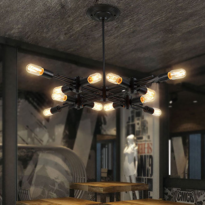 Exposed Bulb Restaurant Hanging Pendant Lamp Metallic 9/12 Heads Contemporary Ceiling Lamp in Black