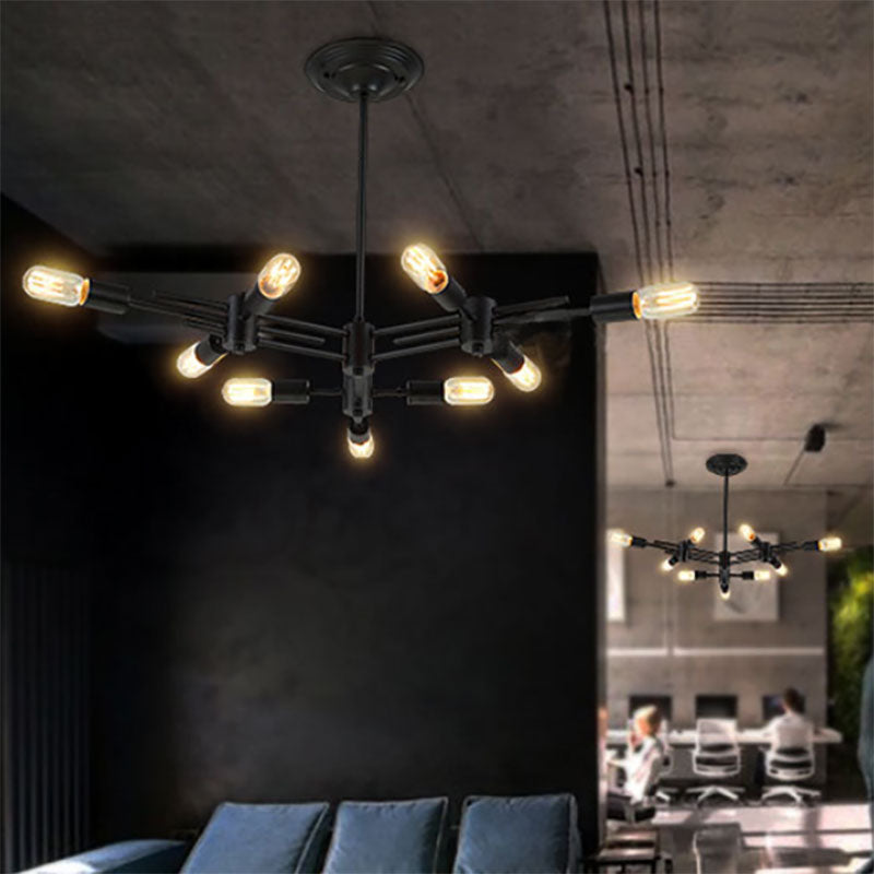 Exposed Bulb Restaurant Hanging Pendant Lamp Metallic 9/12 Heads Contemporary Ceiling Lamp in Black