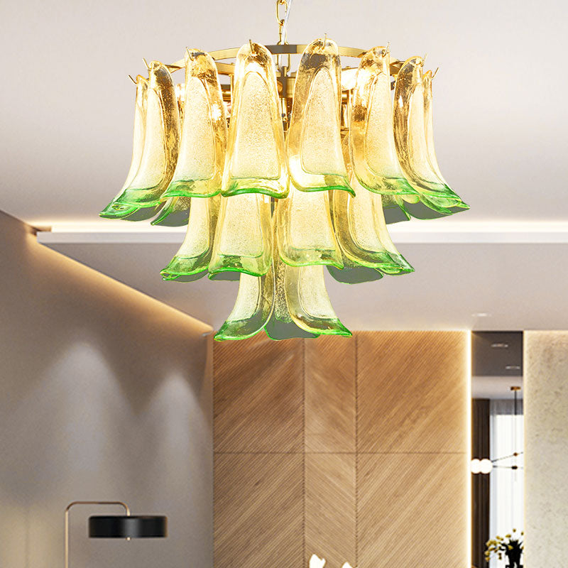 3-Tier Stained Glass Chandelier Light 9-Light Contemporary Drop Ceiling Light in Green for Hotel