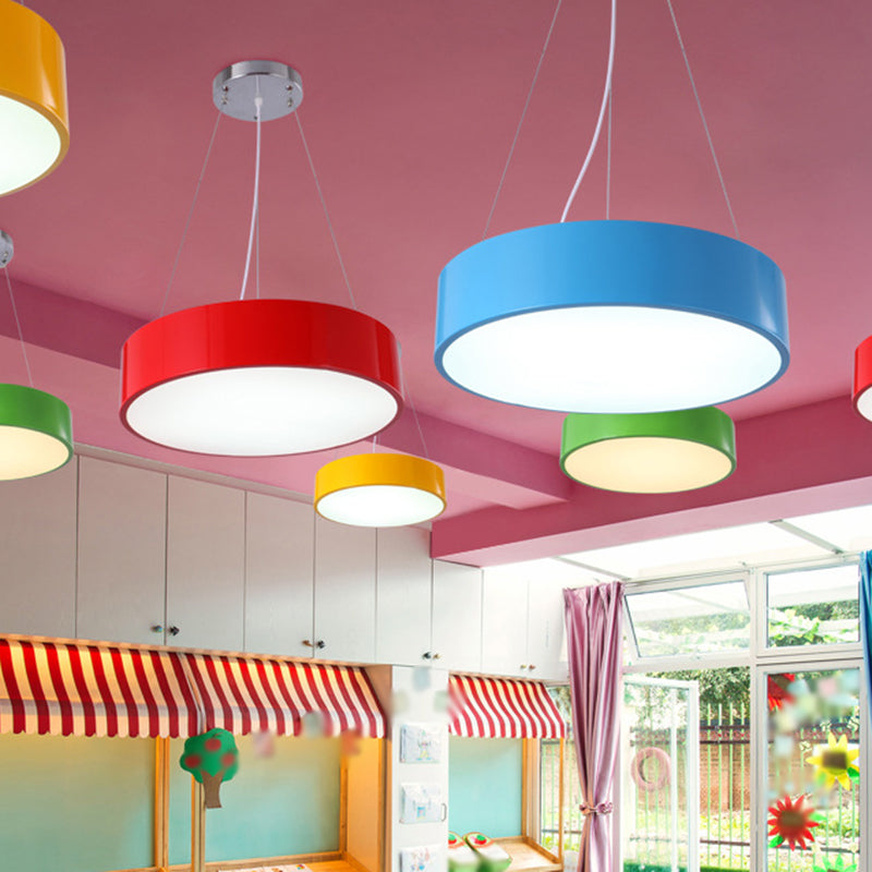 Macaron Drum Shaped Pendant Light Metal Nursery School LED Hanging Light Fixture in Red/Yellow/Green, 16"/19.5" Dia