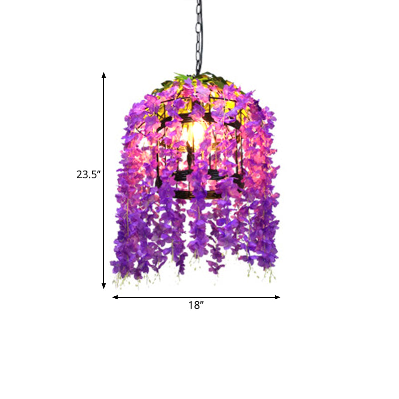 Burst/Barn/Birdcage Plant LED Pendant Lamp Industrial Pink/Green/Purple Finish Iron Hanging Chandelier for Bistro