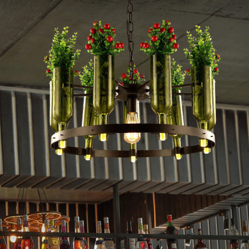 Iron Circular Chandelier Pendant Country Single Restaurant Suspension Lamp in Black with Glass Pot and Plant