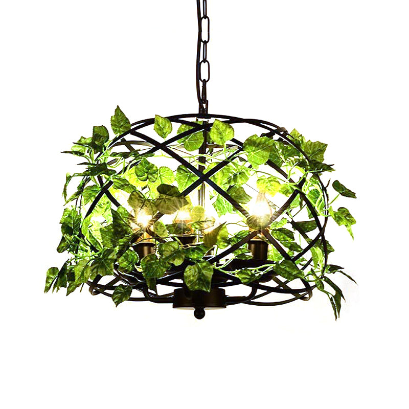 4-Head Plant Pendant Chandelier Rural Restaurant Hanging Light with Basket/Bowl Iron Cage in Black