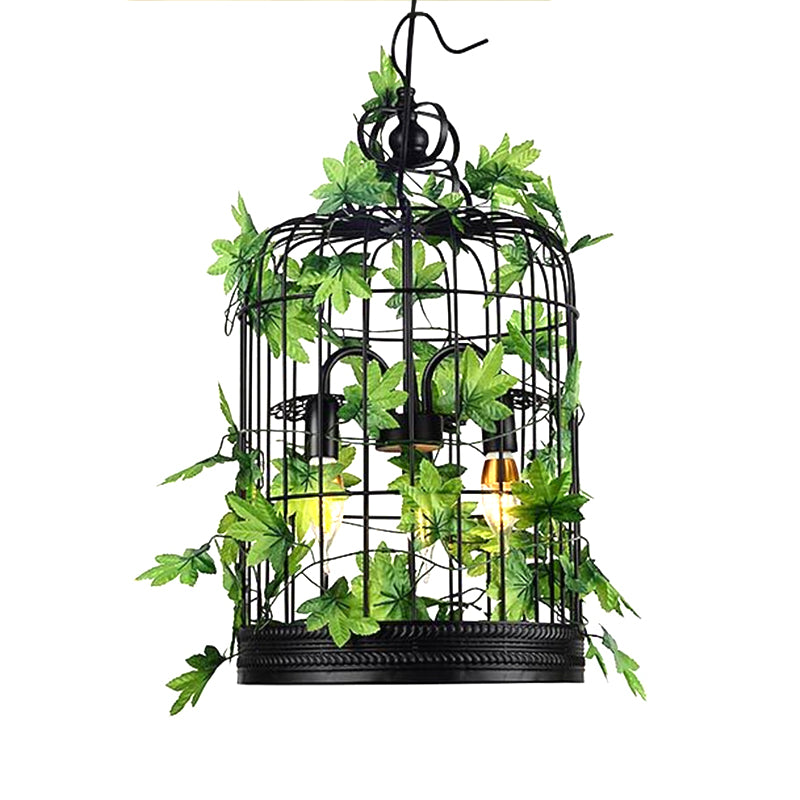 4-Head Plant Pendant Chandelier Rural Restaurant Hanging Light with Basket/Bowl Iron Cage in Black