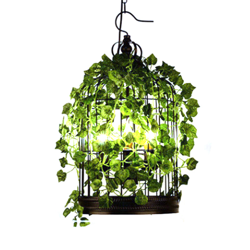 4-Head Plant Pendant Chandelier Rural Restaurant Hanging Light with Basket/Bowl Iron Cage in Black