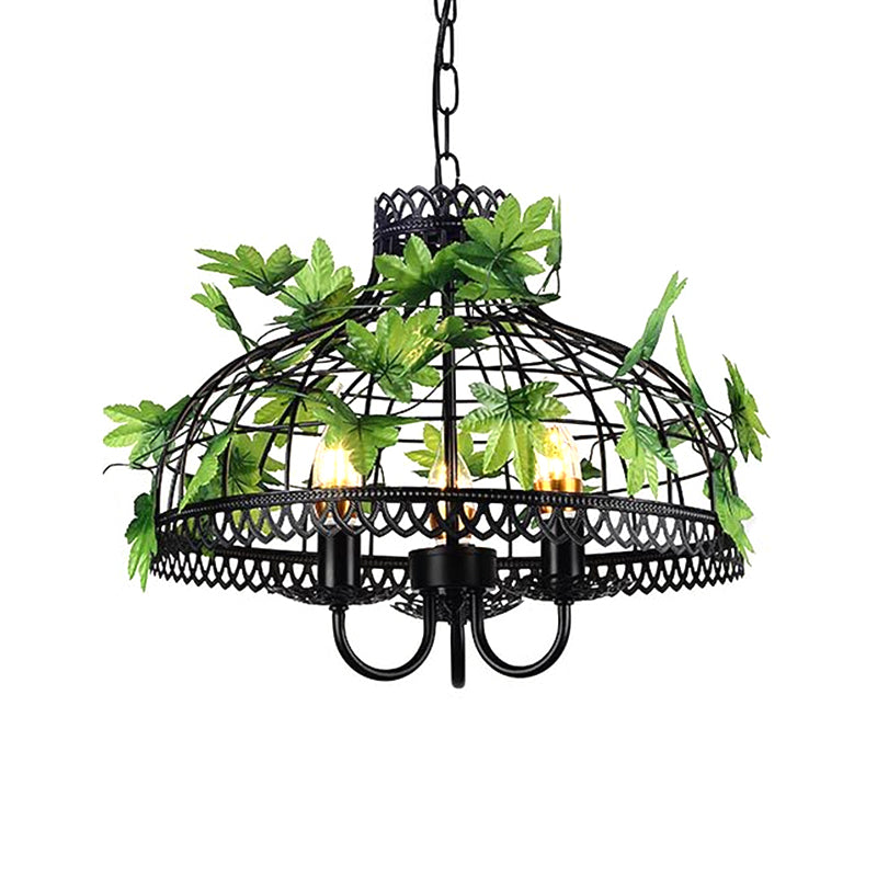 4-Head Plant Pendant Chandelier Rural Restaurant Hanging Light with Basket/Bowl Iron Cage in Black