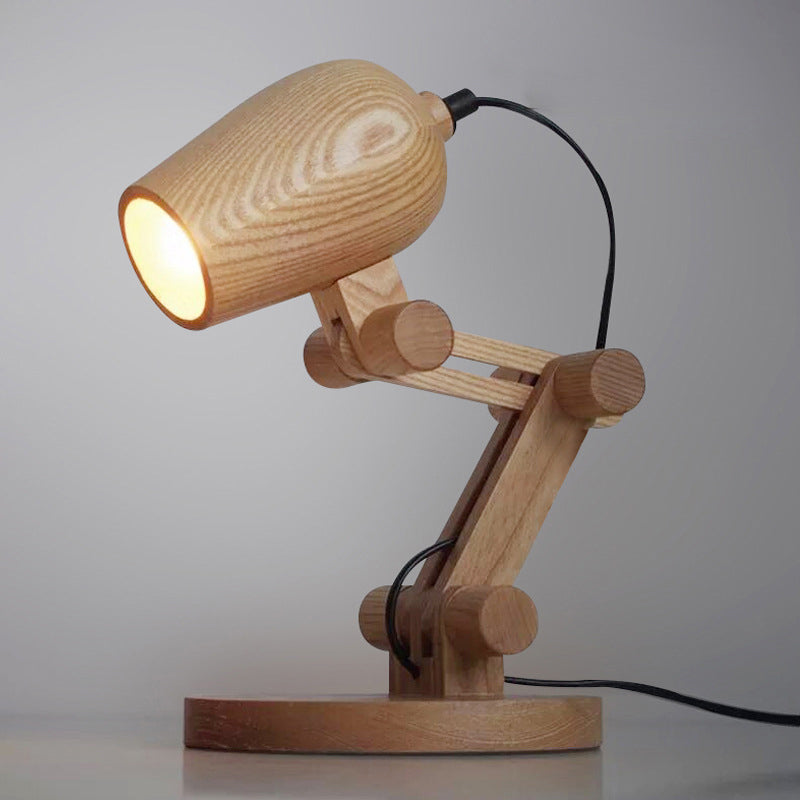 Robot Table Light Nordic Wood Kids Bedside LED Nightstand Light with Swing Arm in Brown