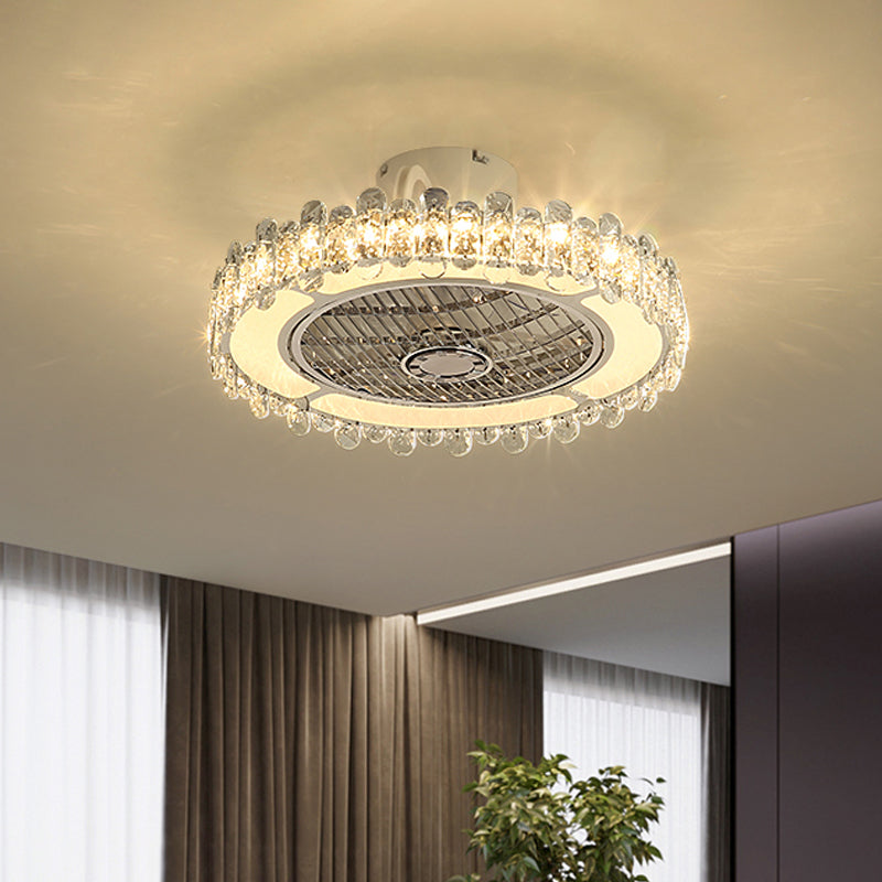 19.5" W Simple Drum Hanging Fan Lamp Clear Crystal Dining Room LED Semi Flush Light in Chrome