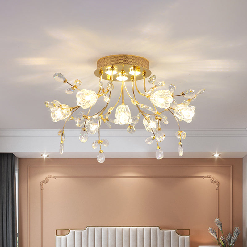 Simple Blossom Ceiling Fixture Hand-Cut Crystal 7 Lights Sitting Room Semi Flush Mount in Gold