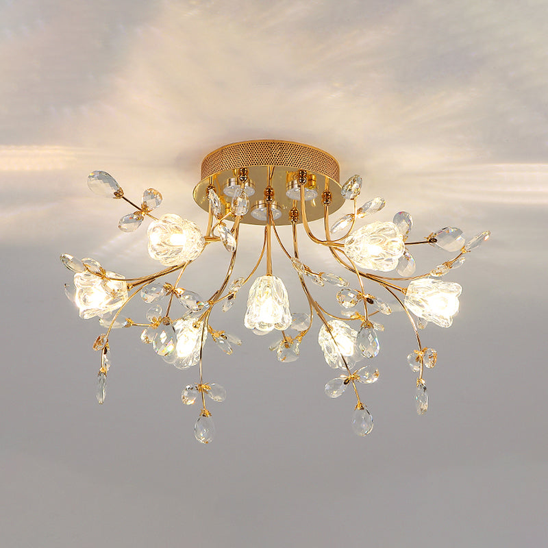 Simple Blossom Ceiling Fixture Hand-Cut Crystal 7 Lights Sitting Room Semi Flush Mount in Gold