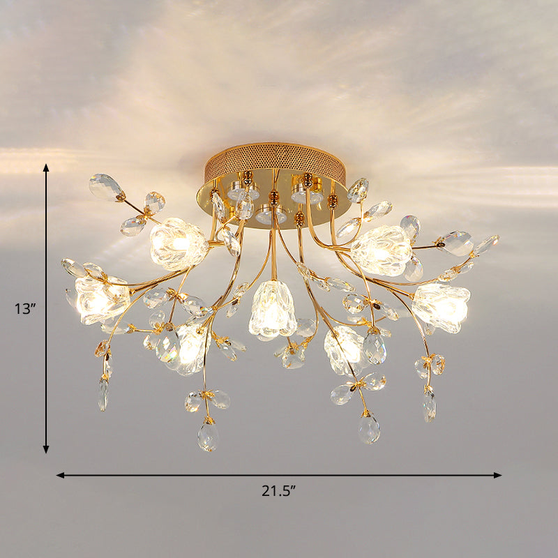 Simple Blossom Ceiling Fixture Hand-Cut Crystal 7 Lights Sitting Room Semi Flush Mount in Gold