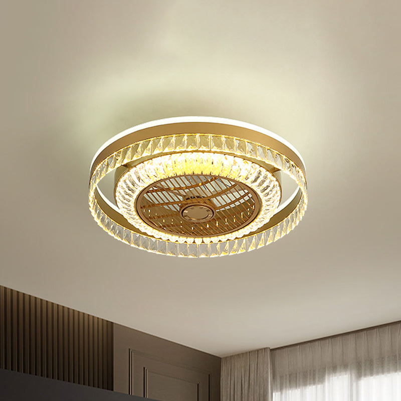 Ronde woonkamer plafondventilator lamp kristalblok led modernistische 4 bladen semi -flush licht in goud, 23,5 "w