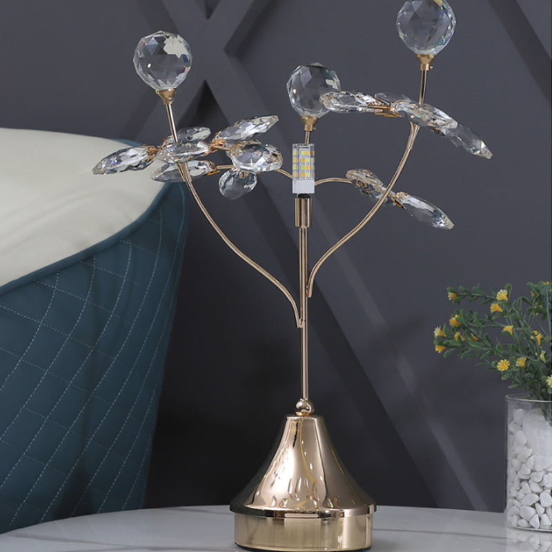 Faceted Crystal Ball and Leaf Night Lamp Modernist Single Head Table Light in Gold