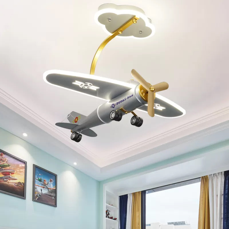 Cartoon Plane Semi Flush Light Metal Kids Bedroom LED Flush Mount with Cloud-Shape Canopy in Silver