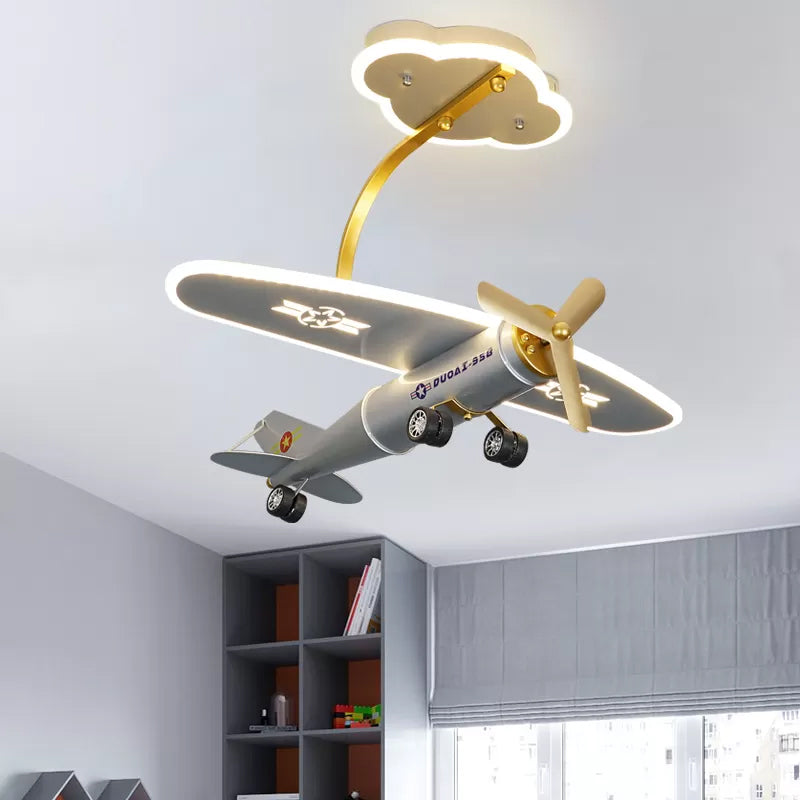 Cartoon Plane Semi Flush Light Metal Kids Bedroom LED Flush Mount with Cloud-Shape Canopy in Silver