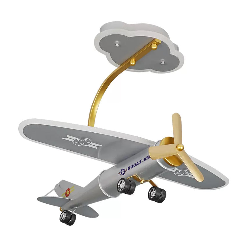 Cartoon Plane Semi Flush Light Metal Kids Bedroom LED LED FUX MONT AVEC LA CAUTÉE DE CLABLE en argent