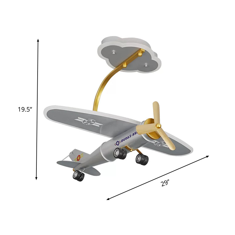 Cartoon Plane Semi Flush Light Metal Kids Bedroom LED Flush Mount with Cloud-Shape Canopy in Silver