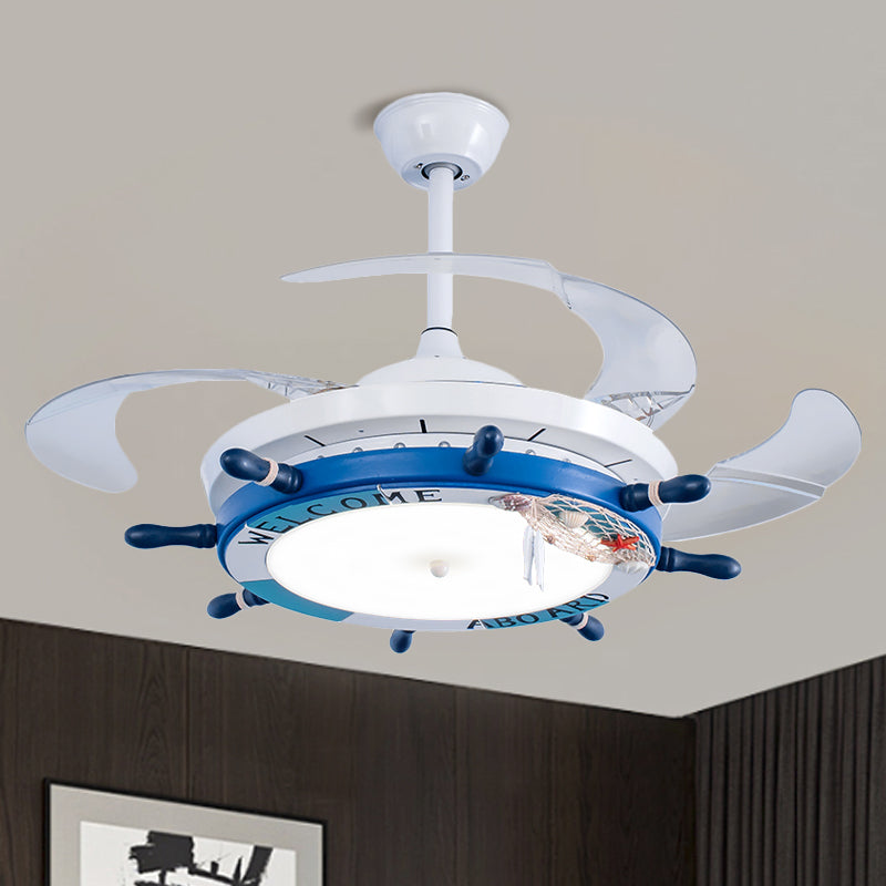 24.5 "breed hout roer semi -spoellamp cartoon blauw/lichtblauwe led hangers ventilatorverlichting met 3 heldere messen