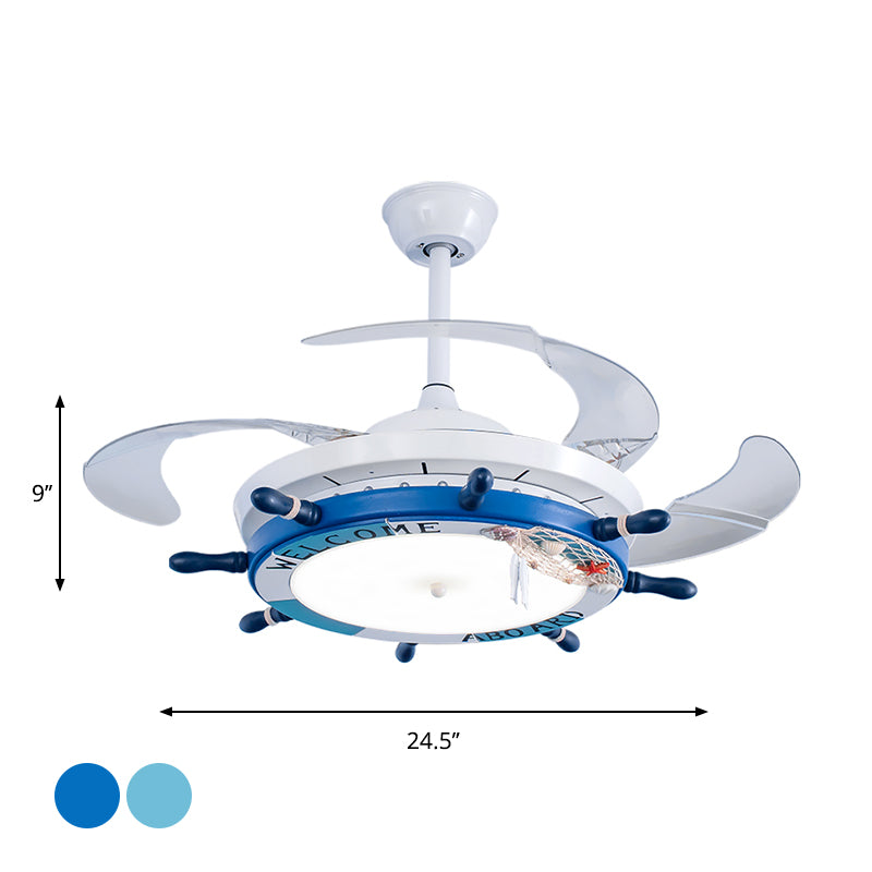 24.5" Wide Wood Rudder Semi Flush Lamp Cartoon Blue/Light Blue LED Pendant Fan Lighting with 3 Clear Blades