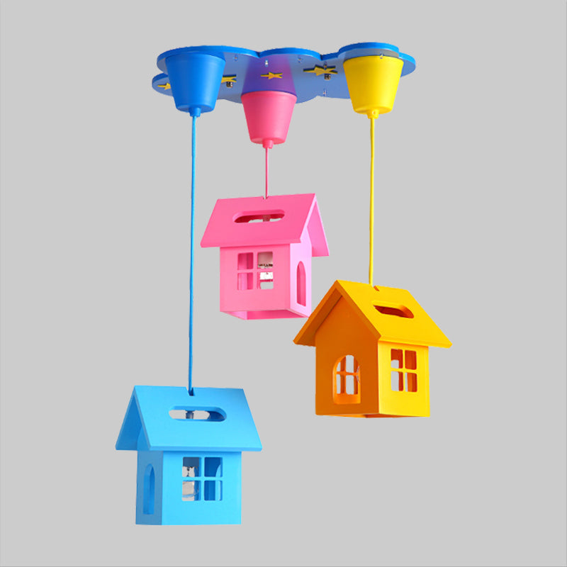 Houselet Playing Room Multi Pendant Wood 3 Bulbs Kids Style Ceiling Suspension Lamp in Blue-Pink-Yellow