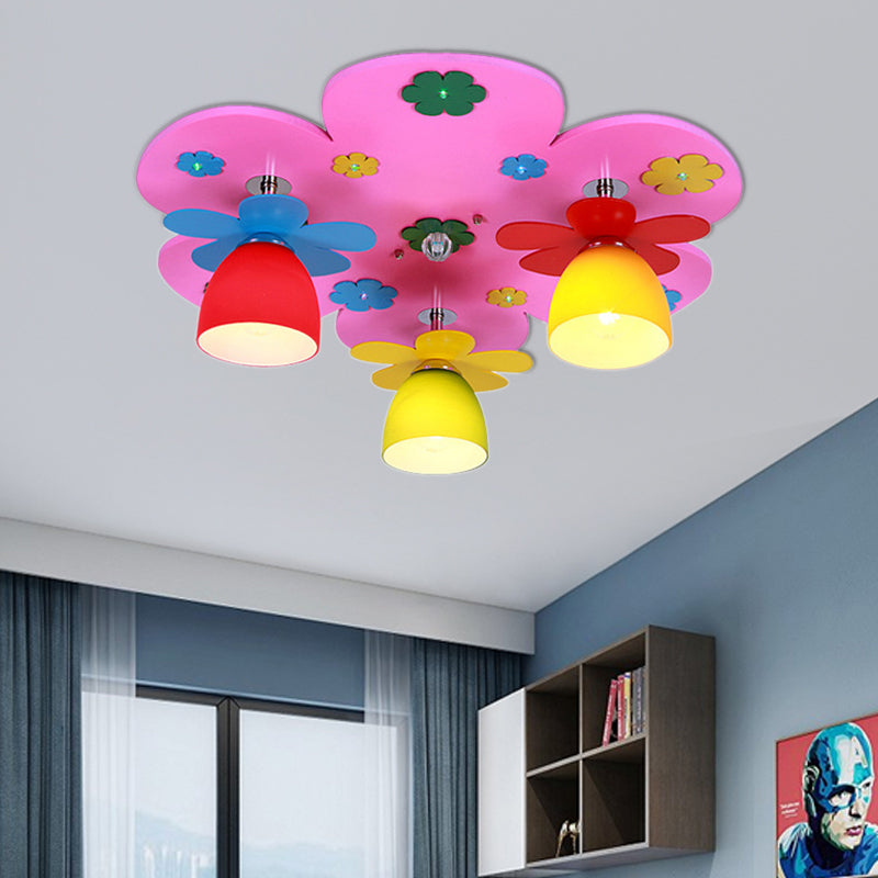 Nursing Room Blossom Ceiling Light with Bowl Shade Wood 3 Lights Modern Ceiling Mount Light