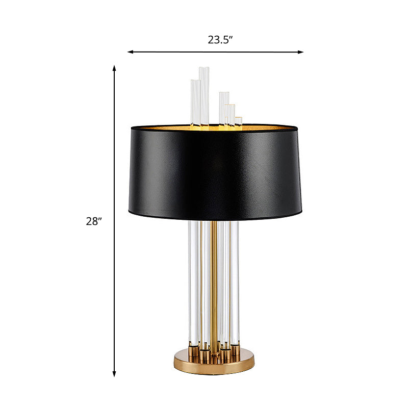 Fabric Black Table Light Round 1 Light Traditional Nightstand Lighting with Clear Glass Column Base