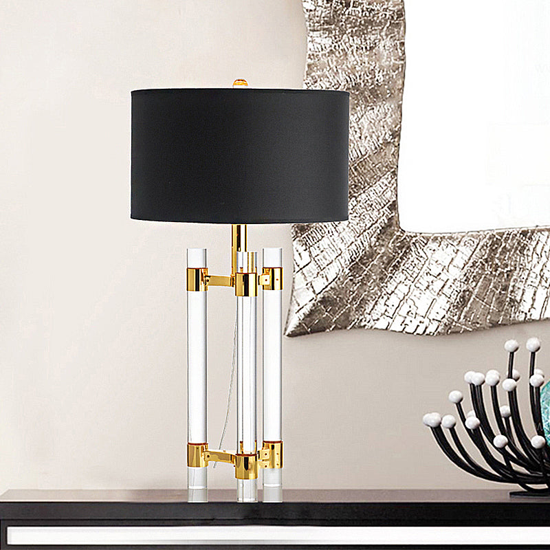 Drum Fabric Table Lighting Countryside 1-Light Bedroom Night Light in Black with Crystal Rod