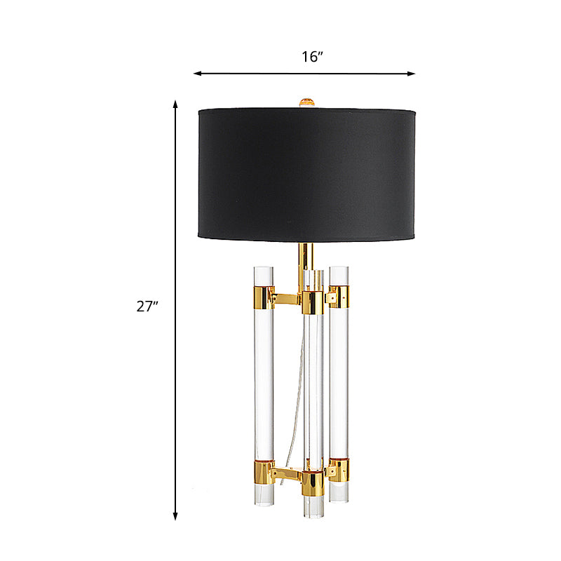 Drum Fabric Table Lighting Countryside 1-Light Bedroom Night Light in Black with Crystal Rod