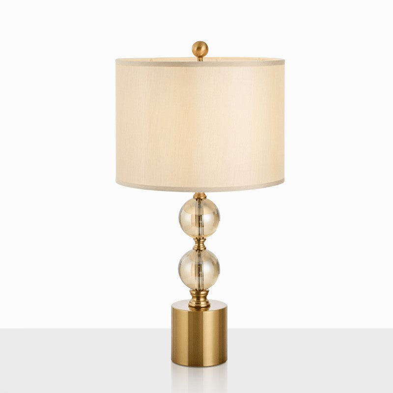 1 Head Night Lamp Classic Bedroom Crystal Nightstand Light with Round Fabric Shade in Brass