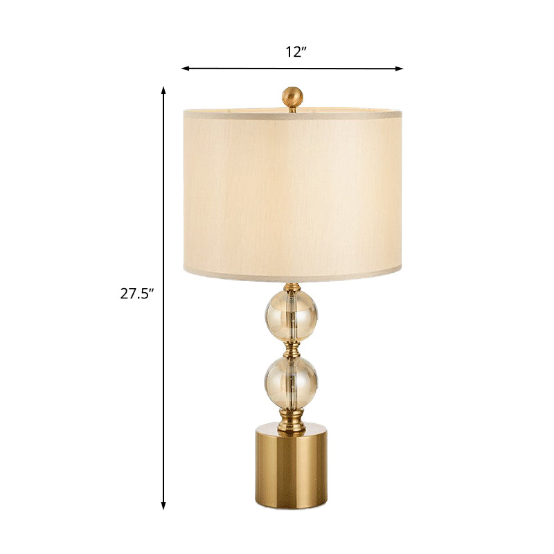 1 Head Night Lamp Classic Bedroom Crystal Nightstand Light with Round Fabric Shade in Brass