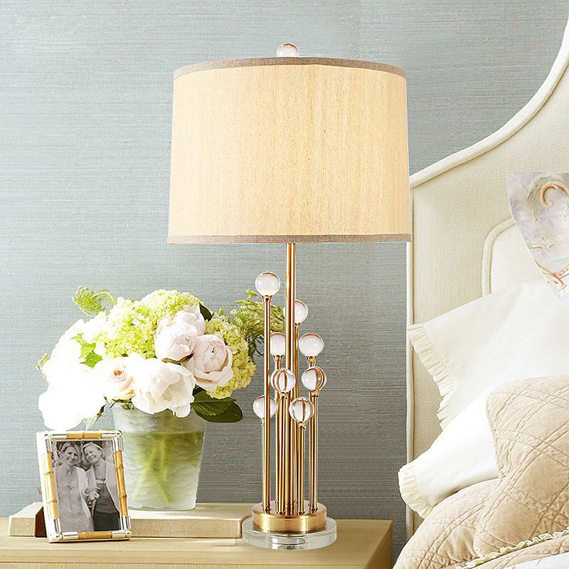 Fabric Drum Shade Night Lighting Traditional 1 Light Bedroom Nightstand Lamp in Gold with Clear Crystal Ball Deco