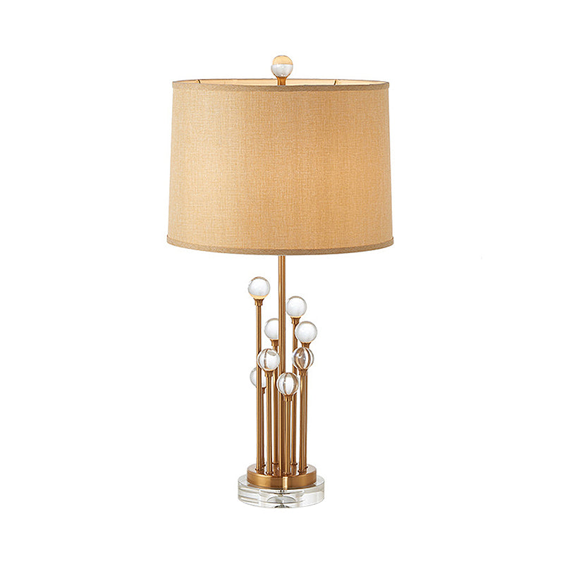 Fabric Drum Shade Night Lighting Traditional 1 Light Bedroom Nightstand Lamp in Gold with Clear Crystal Ball Deco