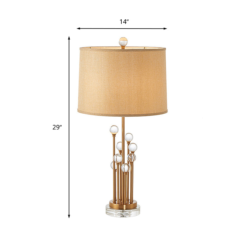 Fabric Drum Shade Night Lighting Traditional 1 Light Bedroom Nightstand Lamp in Gold with Clear Crystal Ball Deco