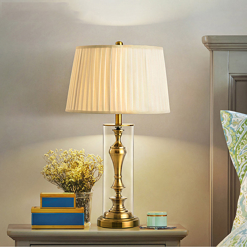 Gold 1 Light Night Table Light Countryside Fabric Empire Shade Nightstand Lamp with Metal Candlestick Base