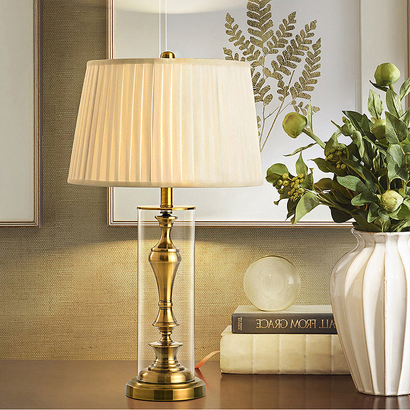 Gold 1 Light Night Table Light Countryside Fabric Empire Shade Nightstand Lamp with Metal Candlestick Base