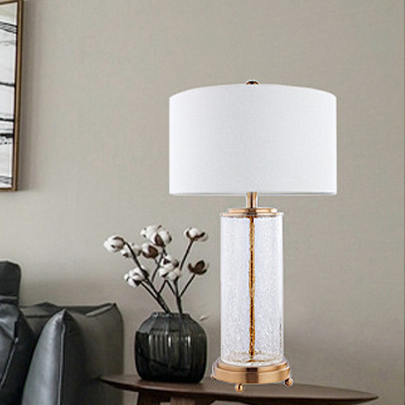 White Round Night Table Lamp Classic Fabric 1-Light Bedroom Nightstand Light with Clear Crackle Glass Cylinder Base