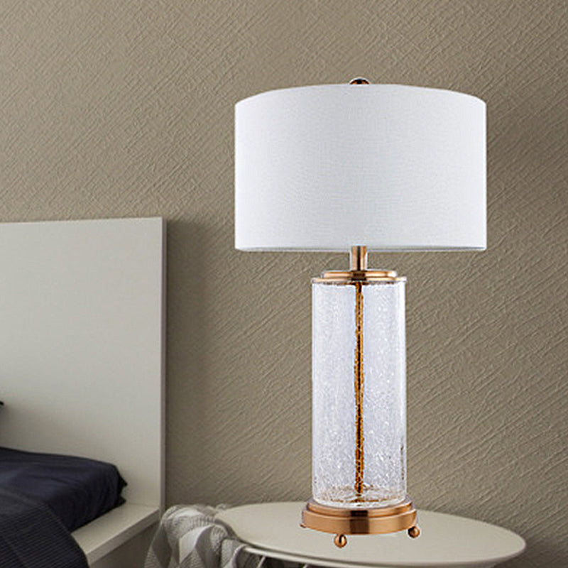 White Round Night Table Lamp Classic Fabric 1-Light Bedroom Nightstand Light with Clear Crackle Glass Cylinder Base