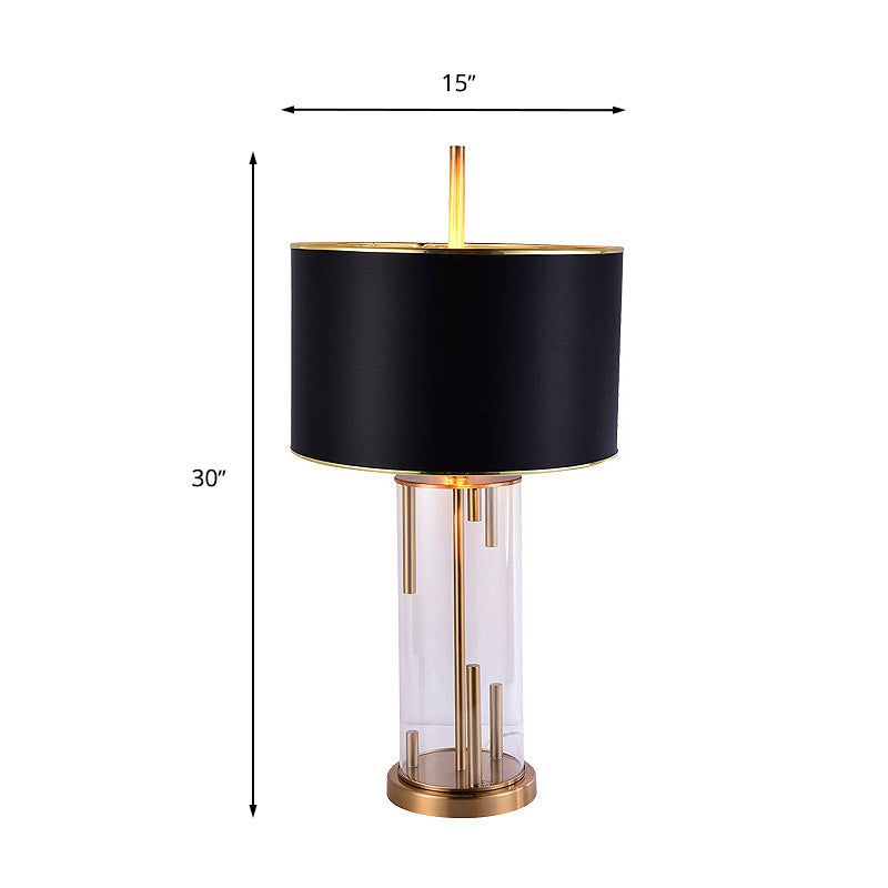 Traditional Drum Shape Night Light 1 Bulb Fabric Night Table Lamp in Black with Cylinder Clear Glass Base