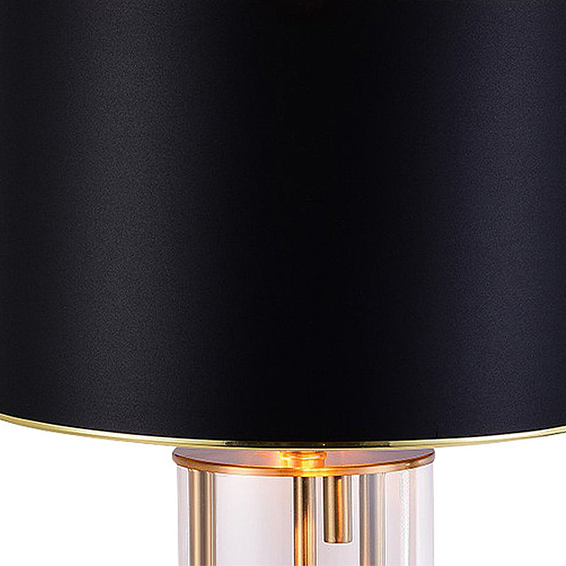 Traditional Drum Shape Night Light 1 Bulb Fabric Night Table Lamp in Black with Cylinder Clear Glass Base